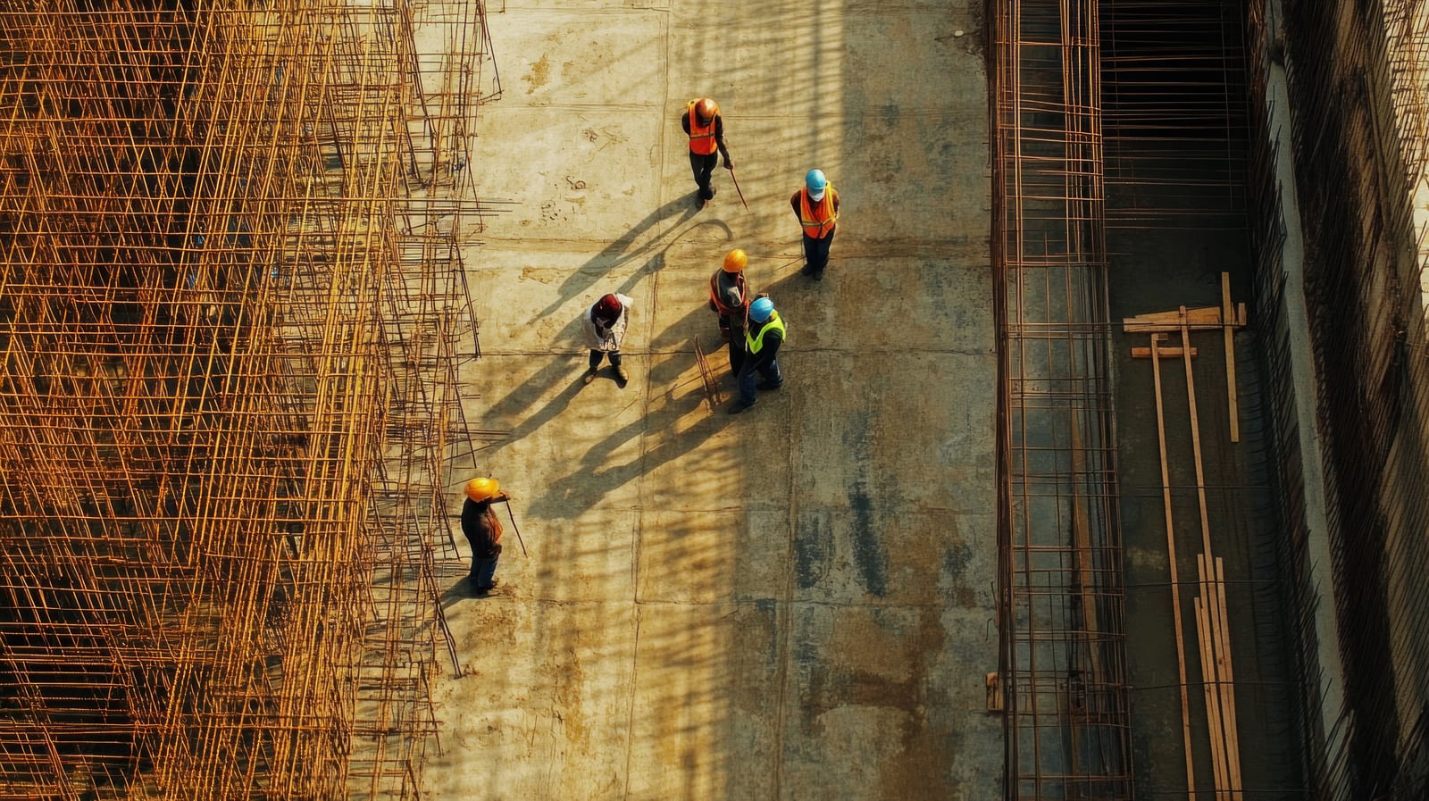 Construction workers coordinating around steel structures on site